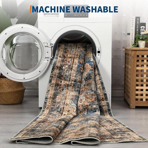 GarveeHome 5x7 Vintage Washable Area Rug for Living Room: Vintage Living Room Machine Washable Area Rug with Non-Slip Backing Low Pile Carpet for Bedroom Large Stain Resistant Dining Room Carpet Blue in Saudi Arabia