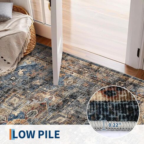 GarveeHome 5x7 Vintage Washable Area Rug for Living Room: Vintage Living Room Machine Washable Area Rug with Non-Slip Backing Low Pile Carpet for Bedroom Large Stain Resistant Dining Room Carpet Blue in Saudi Arabia