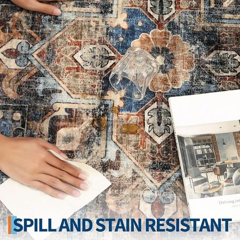 GarveeHome 5x7 Vintage Washable Area Rug for Living Room: Vintage Living Room Machine Washable Area Rug with Non-Slip Backing Low Pile Carpet for Bedroom Large Stain Resistant Dining Room Carpet Blue in Saudi Arabia