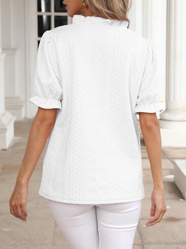 Famulily Womens Ruffle V Neck Textured Knit Tunic Top Puff Sleeve Fashion Casual Blouse in Saudi Arabia