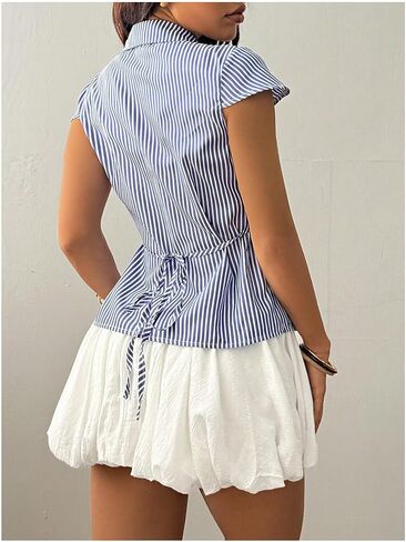 GORGLITTER Women's Striped Fitted Button Up Shirt Cropped Ruched Cap Sleeve Collar Work Office Blouse Dressy Tops in Saudi Arabia