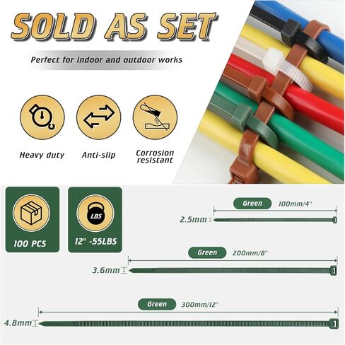 6 Inch PA66 Green Zip Ties, 100 Pcs 3.6mm Wide Heavy Duty Plastic Wire Ties with 42 Lbs, Premium Self-locking Nylon Cable Ties Decoration Tie Wraps for Outdoor Indoor Gardening Fence Farming Grid Wall in Kuwait