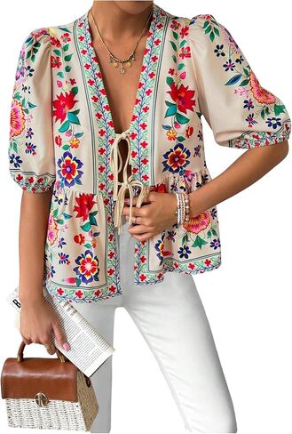 GORGLITTER Women's Tie Front Floral Peplum Tops Bow Puff Short Sleeve Babydoll Shirt in Saudi Arabia