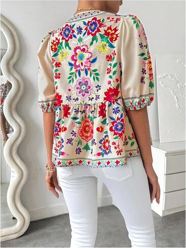 GORGLITTER Women's Tie Front Floral Peplum Tops Bow Puff Short Sleeve Babydoll Shirt in Saudi Arabia