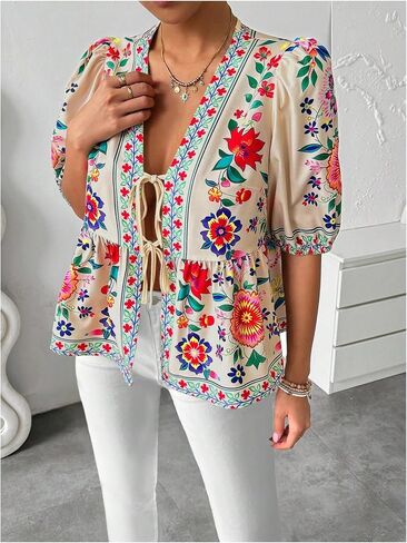 GORGLITTER Women's Tie Front Floral Peplum Tops Bow Puff Short Sleeve Babydoll Shirt in Saudi Arabia