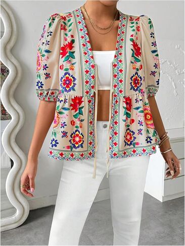 GORGLITTER Women's Tie Front Floral Peplum Tops Bow Puff Short Sleeve Babydoll Shirt in Saudi Arabia