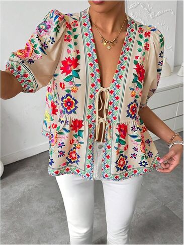 GORGLITTER Women's Tie Front Floral Peplum Tops Bow Puff Short Sleeve Babydoll Shirt in Saudi Arabia