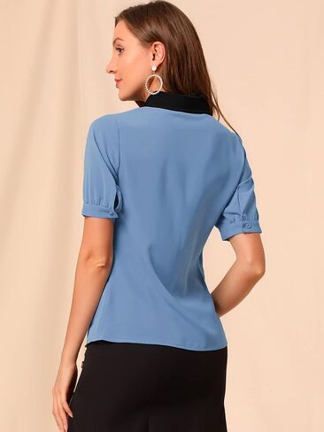 Allegra K Women's Ruffle Shirts Contrast Collar Button Down Short Sleeve Work Blouse in Saudi Arabia