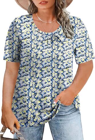 Rosriss Womens-Plus-Size-Top-Top-Tops Discual Short Scoop Scoop Neck Summer Summer in Kuwait