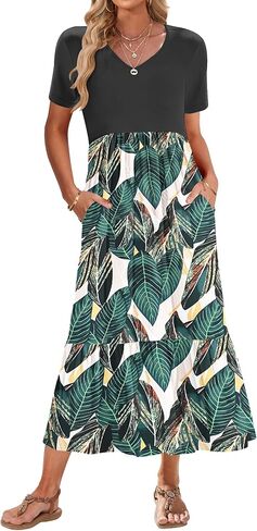 أوسيلي الصيف فساتين النساء 2025 Flowy Short Sleeve Maxi Dress V V الرقبة غير الرسمية in Kuwait