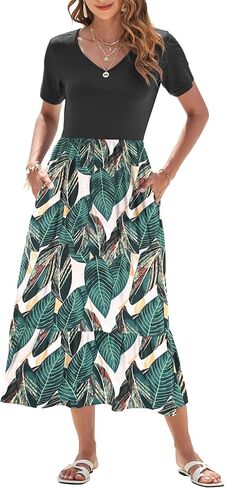 أوسيلي الصيف فساتين النساء 2025 Flowy Short Sleeve Maxi Dress V V الرقبة غير الرسمية in Kuwait