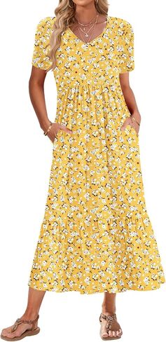 أوسيلي الصيف فساتين النساء 2025 Flowy Short Sleeve Maxi Dress V V الرقبة غير الرسمية in Kuwait