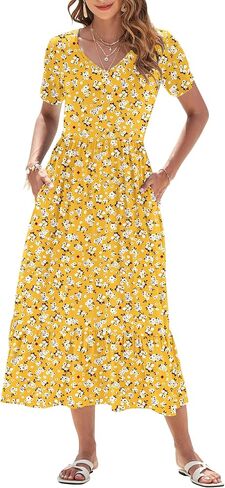 أوسيلي الصيف فساتين النساء 2025 Flowy Short Sleeve Maxi Dress V V الرقبة غير الرسمية in Kuwait