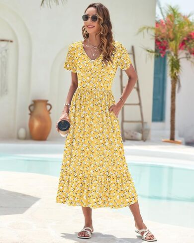 أوسيلي الصيف فساتين النساء 2025 Flowy Short Sleeve Maxi Dress V V الرقبة غير الرسمية in Kuwait