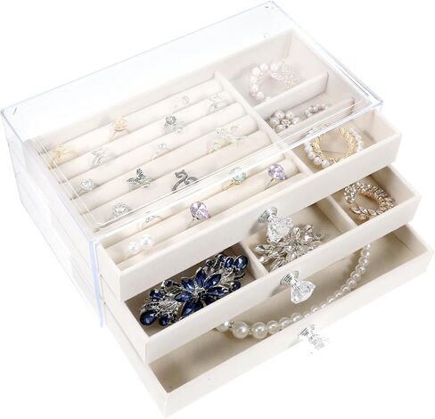 منظم مجوهرات أكريليك من 3 مستويات مع بطانة مخملية ، صندوق مجوهرات أكريليك أنيقة للتخزين الخالي من الغبار ، صندوق مخملي متعدد الاستخدامات مع مقصورات قابلة للتعديل لتنظيم مخصص in Kuwait