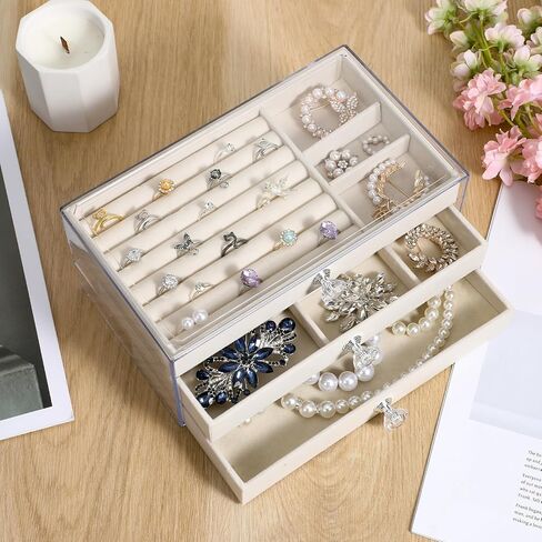 منظم مجوهرات أكريليك من 3 مستويات مع بطانة مخملية ، صندوق مجوهرات أكريليك أنيقة للتخزين الخالي من الغبار ، صندوق مخملي متعدد الاستخدامات مع مقصورات قابلة للتعديل لتنظيم مخصص in Kuwait