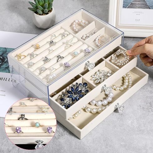 منظم مجوهرات أكريليك من 3 مستويات مع بطانة مخملية ، صندوق مجوهرات أكريليك أنيقة للتخزين الخالي من الغبار ، صندوق مخملي متعدد الاستخدامات مع مقصورات قابلة للتعديل لتنظيم مخصص in Kuwait