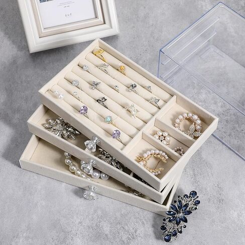 منظم مجوهرات أكريليك من 3 مستويات مع بطانة مخملية ، صندوق مجوهرات أكريليك أنيقة للتخزين الخالي من الغبار ، صندوق مخملي متعدد الاستخدامات مع مقصورات قابلة للتعديل لتنظيم مخصص in Kuwait