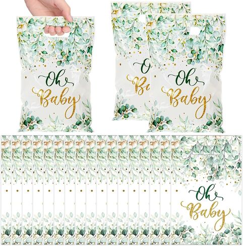 50 Pcs Baby Shower Party Favors Bags Baby Plastic Drawstring Gift Candy Goodies Treat Bags for Guest Greenery Woodland Theme Baby Boy Girl Birthday Gender Reveal Decor Supplies 9 x 6 Inch in Saudi Arabia