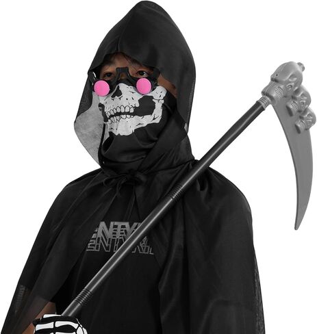 Lizxun Halloween Cloak Cloak for Kids Adults ، Roupe Death Grim Reaper مع نظارات العيون الحمراء المتوهجة ، المنجل ، الوجه ، القفازات in Kuwait