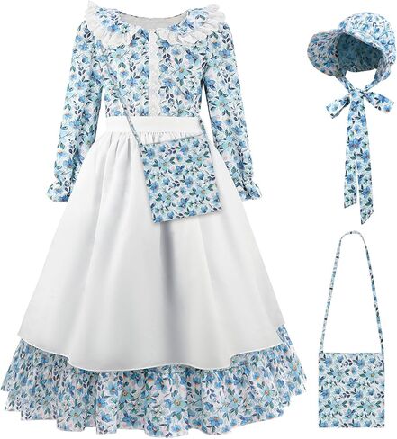 Pioneer Girls Costume Colonial Prairie Dress for Kids Pioneer Party Halloween Dress Up with Apron and Bonnet in Saudi Arabia