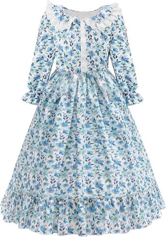 Pioneer Girls Costume Colonial Prairie Dress for Kids Pioneer Party Halloween Dress Up with Apron and Bonnet in Saudi Arabia