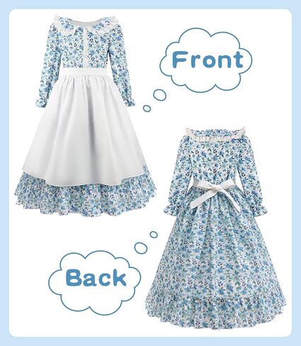 Pioneer Girls Costume Colonial Prairie Dress for Kids Pioneer Party Halloween Dress Up with Apron and Bonnet in Saudi Arabia