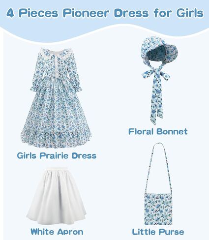 Pioneer Girls Costume Colonial Prairie Dress for Kids Pioneer Party Halloween Dress Up with Apron and Bonnet in Saudi Arabia