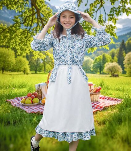 Pioneer Girls Costume Colonial Prairie Dress for Kids Pioneer Party Halloween Dress Up with Apron and Bonnet in Saudi Arabia