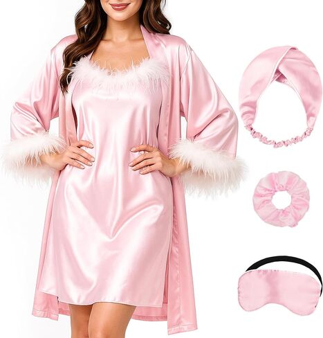 Bride Robe for Wedding Day Satin Nightgown and Robe Sets for Women Feather Trim Lingerie Bride Getting Ready Outfits in Saudi Arabia