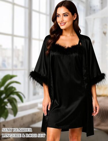 رداء الزفاف ليوم الزفاف ثوب نوم والهريد للنساء للريش تقليم العروس الداخلية التي تستعد لأزياء in Kuwait