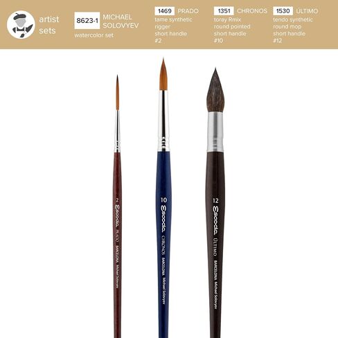 Escoda Signature Artist Watercolor Paint Brush Set, Pablo Rubin Set #1, Includes Ultimo Mop Size 14, Ultimo (Synthetic Squirrel) Mottler Size 12 and Perla (Synthetic White Toray) Round Size 14 in Saudi Arabia