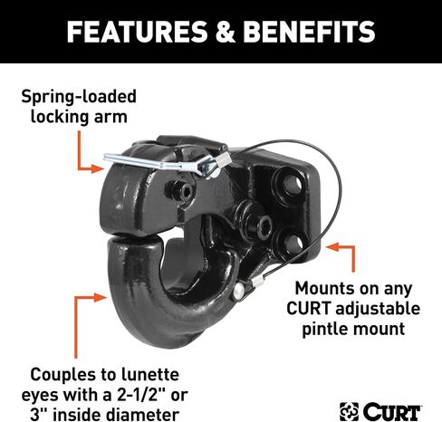 CURT 48210 Pintle Hook Hitch 20,000 lbs, Fits 2-1/2 to 3-Inch Lunette Ring, Mount Required in Saudi Arabia