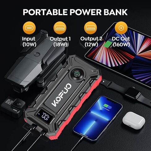 بطارية محمولة بطارية قفزة قفزة 5000A مربع القفز (2.38GAL GAS/2.11GAL DIESEL) 12V CAR CAR JUST BATTERTY PACK ، شحن سريع ، 160 واط ، مصابيح 3 وضع ، مع حالة تخزين لسهولة التخزين. in Kuwait