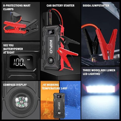 بطارية محمولة بطارية قفزة قفزة 5000A مربع القفز (2.38GAL GAS/2.11GAL DIESEL) 12V CAR CAR JUST BATTERTY PACK ، شحن سريع ، 160 واط ، مصابيح 3 وضع ، مع حالة تخزين لسهولة التخزين. in Kuwait