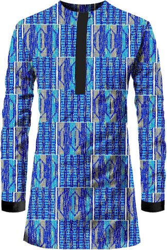 African Mens Shirt Traditional Long Sleeve Dashiki Print Cotton Wax Cloth Top in Kuwait