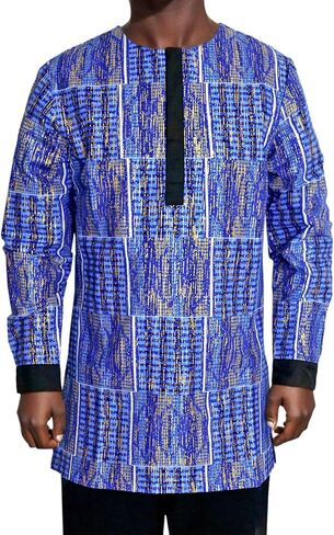 African Mens Shirt Traditional Long Sleeve Dashiki Print Cotton Wax Cloth Top in Kuwait