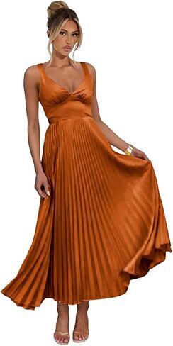 Satin Bridesmaid Dresses for Women V-Neck A-Line Pleated Spaghetti Straps Tea Length Wedding Guest Dress in Kuwait