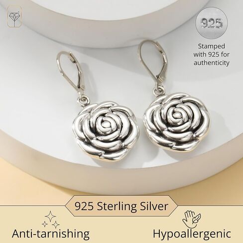 925 Sterling Silver Rose أقراط للنساء | hypoallergenic الأنيقة التدلي والأقراط stud | مقاطع الورد الفضي المضاد للتشويه بحد أقصى من الحجر in Kuwait