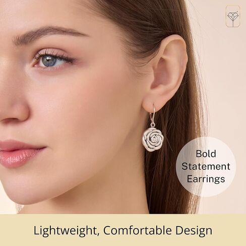 925 Sterling Silver Rose أقراط للنساء | hypoallergenic الأنيقة التدلي والأقراط stud | مقاطع الورد الفضي المضاد للتشويه بحد أقصى من الحجر in Kuwait