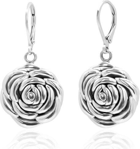 925 Sterling Silver Rose أقراط للنساء | hypoallergenic الأنيقة التدلي والأقراط stud | مقاطع الورد الفضي المضاد للتشويه بحد أقصى من الحجر in Kuwait