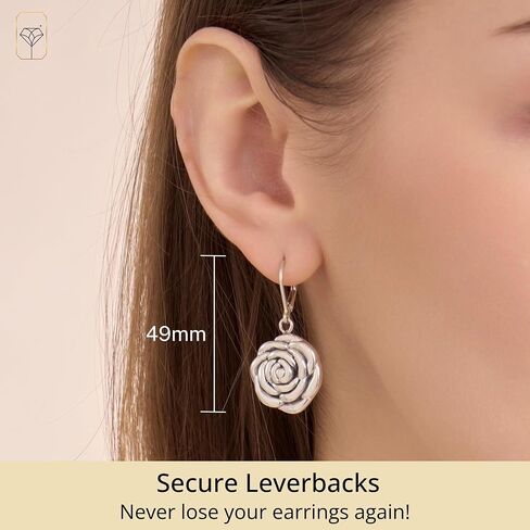 925 Sterling Silver Rose أقراط للنساء | hypoallergenic الأنيقة التدلي والأقراط stud | مقاطع الورد الفضي المضاد للتشويه بحد أقصى من الحجر in Kuwait