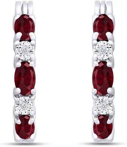 1.50 قيراط قطع بيضاوي مقطوعة Ruby و Round Round White Natural Diamond Hoop أقراط في 14K الذهب مطلي 925 هدية المجوهرات الفضية الاسترليني للنساء الزفاف in Kuwait