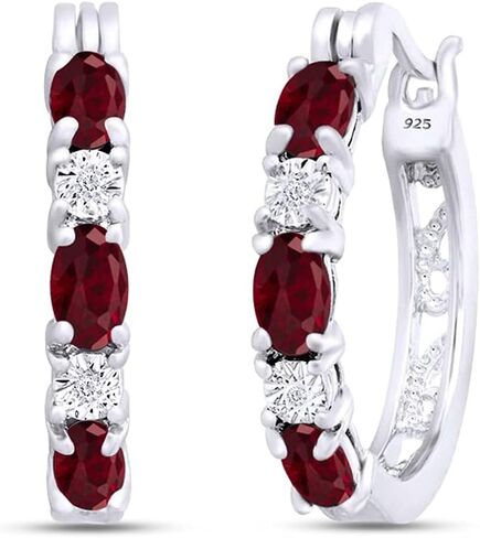 1.50 قيراط قطع بيضاوي مقطوعة Ruby و Round Round White Natural Diamond Hoop أقراط في 14K الذهب مطلي 925 هدية المجوهرات الفضية الاسترليني للنساء الزفاف in Kuwait