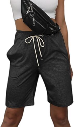 DOBRE Women Bermuda Shorts Knee High Summer Short Sweat Pants with Pocket Drawstring Casual High Waisted Sports Beach Workout in Saudi Arabia