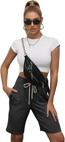 DOBRE Women Bermuda Shorts Knee High Summer Short Sweat Pants with Pocket Drawstring Casual High Waisted Sports Beach Workout in Saudi Arabia