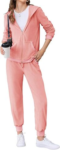 Hotouch Womens Disual Velor Tracksuit مجموعة كاملة سستة هوديي سراويل سراويل مخملية التعرق بدلات الركض XS-XXL in Saudi Arabia