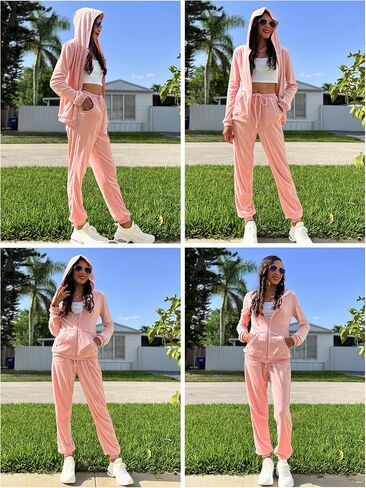 Hotouch Womens Disual Velor Tracksuit مجموعة كاملة سستة هوديي سراويل سراويل مخملية التعرق بدلات الركض XS-XXL in Saudi Arabia