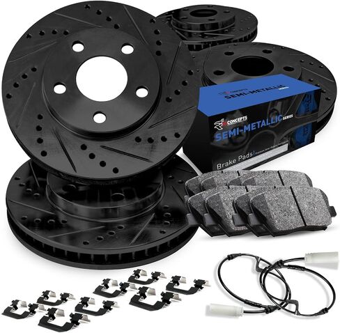 R1 Concepts Front and Rear Brake Kit For 2013-2018 BMW 320i, 2014-2018 BMW 328d, 2015-2016 BMW 328i| Drilled Slotted Brake Rotors| Semi-Metallic Brake Pads and Rotors Kit| Hardware, Sensor included in Saudi Arabia