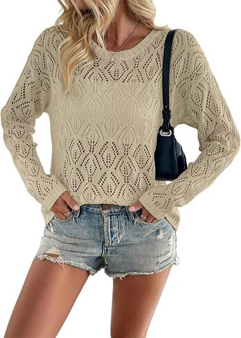 Allimy Womy's Crewneck Crochet Crochet Lightweight Summer Suptipts for Women Eduny 2025 Fall Outfits in Kuwait